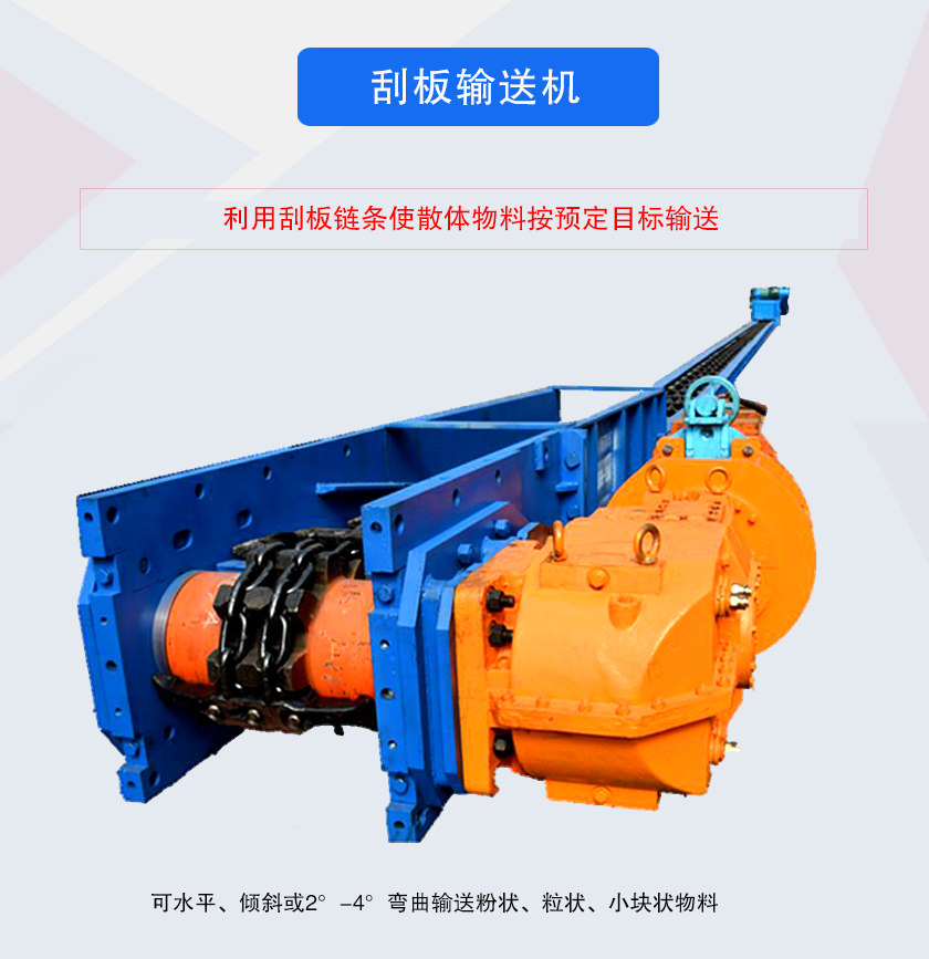 刮板輸送機采用刮板鏈牽引，可水平或傾斜輸送散狀物料，輸送距離長、密封性好無粉塵污染，功率消耗小